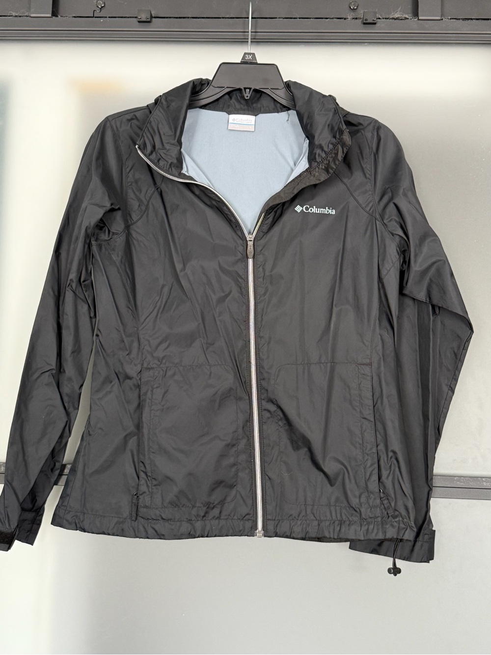 Columbia Women's Black Hooded Windbreaker Jacket with Light Blue Lining